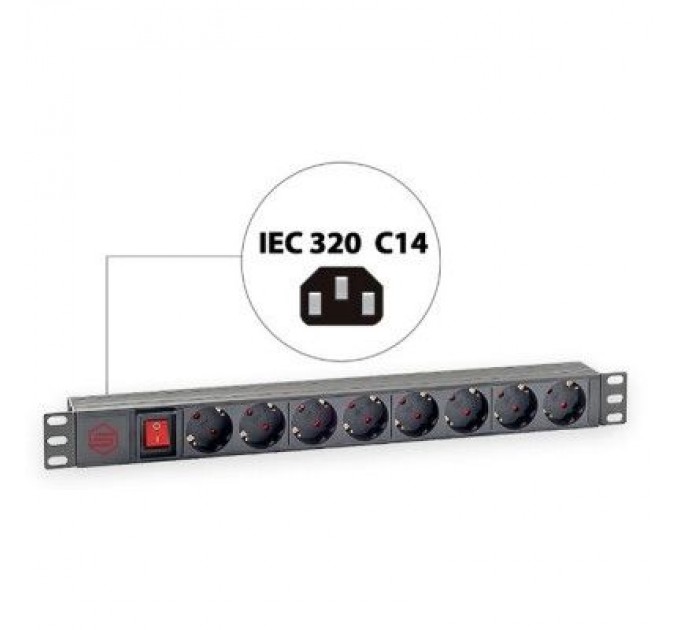 Kingda Силовий блок 19" 1U 8xSchuko, вимикач, С14 Kingda (KD-PDU-GM-1U-P8-C14)