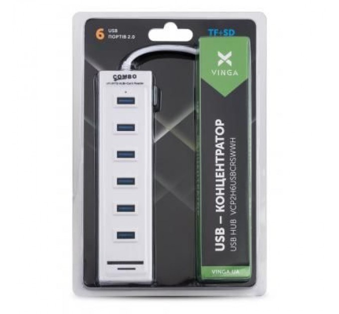 Vinga Концентратор Vinga 6xUSB2.0 + card-reader with switch (VCP2H6USBCRSWWH)