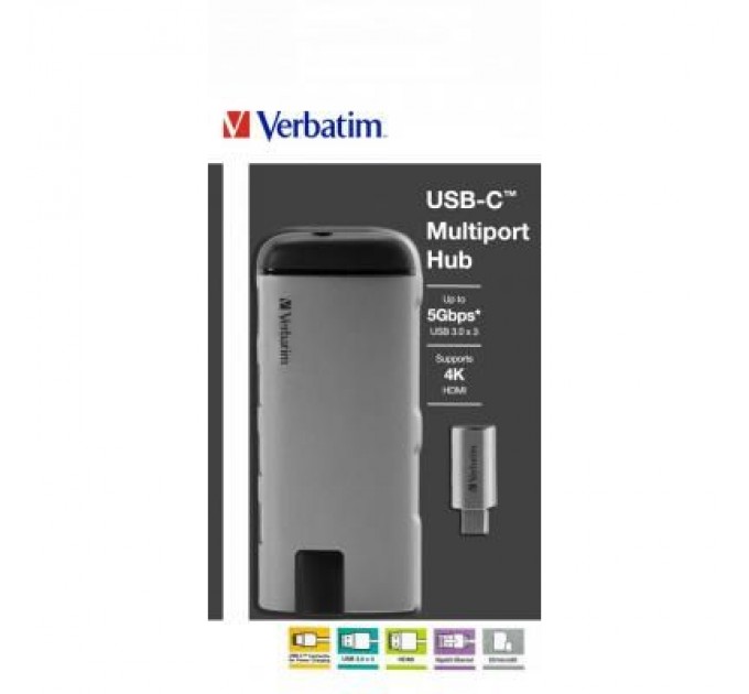 Verbatim Концентратор Verbatim USB-C to U3.1G1/U3.0/HDMI/SD/mSD/RJ45 (49142)