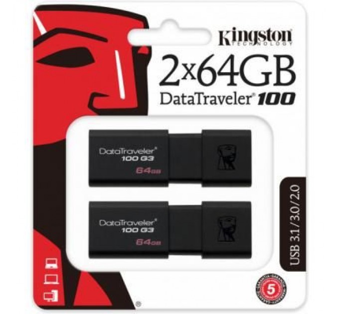 Kingston USB флеш накопичувач Kingston 2x64GB DataTraveler 100 G3 USB 3.0 (DT100G3/64GB-2P)