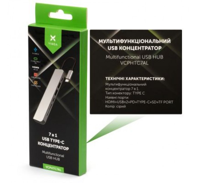 Vinga Концентратор Vinga Type-C to 4K HDMI+2*USB3.0+SD+TF+PD+USB-C 3.1 Gen1 aluminium (VCPHTC7AL)
