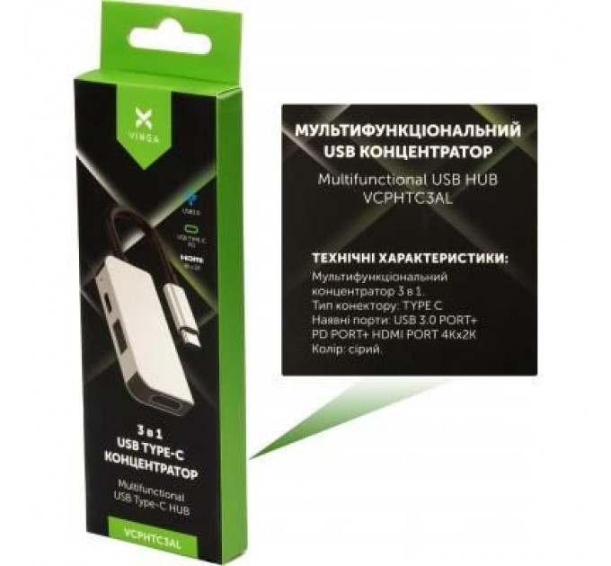 Vinga Концентратор Vinga Type-C to 4K HDMI+USB3.0+PD aluminium (VCPHTC3AL)