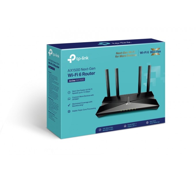 TP-Link Беспроводной маршрутизатор TP-Link Archer AX1500 (AX1500, Wi-Fi 6, 1хGE WAN, 4хGE LAN, MU-MIMO, Beamforming, 4 антенны внешних)