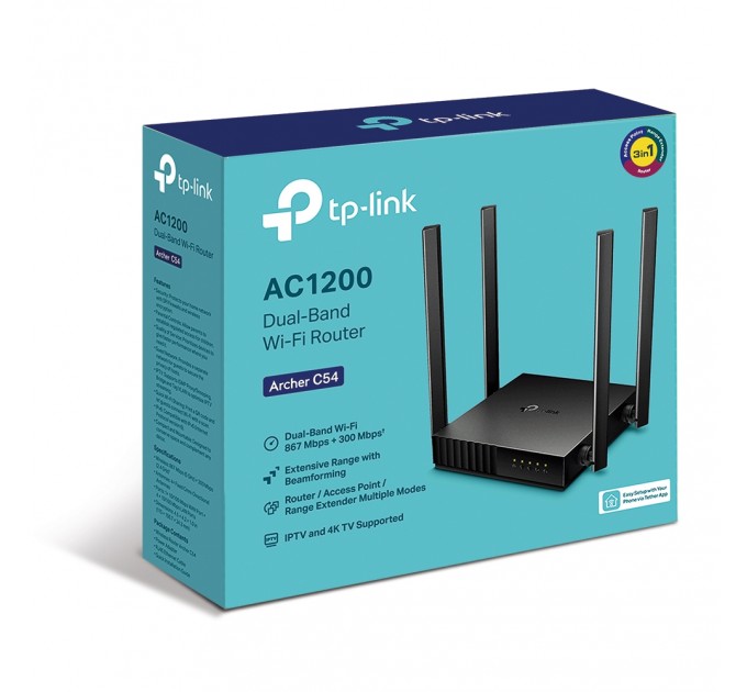 TP-Link Беспроводной маршрутизатор TP-Link ARCHER C54 (AC1200, 1хFE WAN, 4хFE LAN, Beamforming, APP Tether, 4 внешние антенны)
