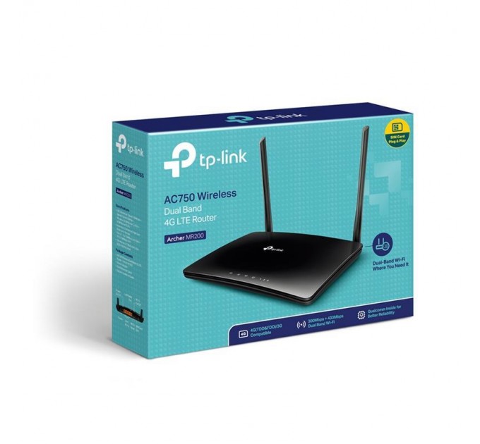 TP-Link Беспроводной маршрутизатор TP-LINK Archer MR200 (AC750, 1xFE LAN/WAN, 3xFE LAN, 1xSimCardSlot, 2 антенны LTE, 3 антенны)