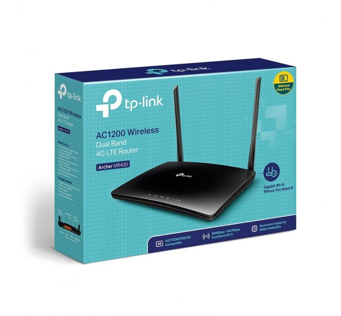 TP-Link Беспроводной маршрутизатор TP-Link Archer MR400 (AC1200, 1xFE WAN, 3xFE LAN, 1xSimCardSlot, 2 антенны LTE)