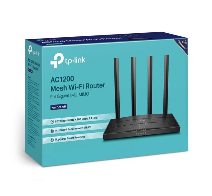 TP-Link Беспроводной маршрутизатор TP-Link Archer A6 (AC1200, 4хGE LAN, 1хGE WAN, MU-MIMO, 4 антенны)