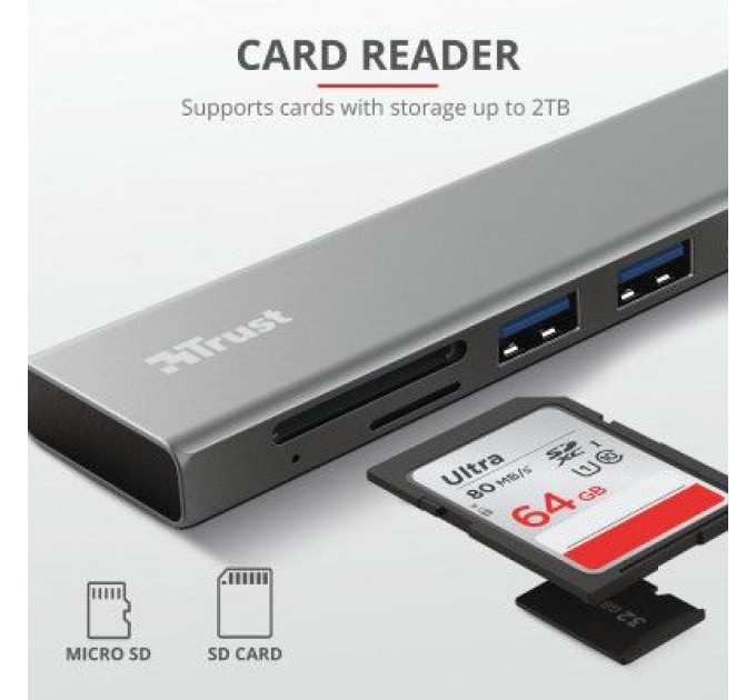Trust Концентратор Trust HALYX FAST 3USB+CARD READER USB-C ALUMINIUM (24191_TRUST)