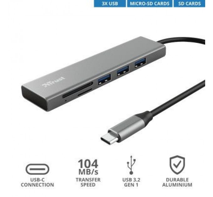 Trust Концентратор Trust HALYX FAST 3USB+CARD READER USB-C ALUMINIUM (24191_TRUST)