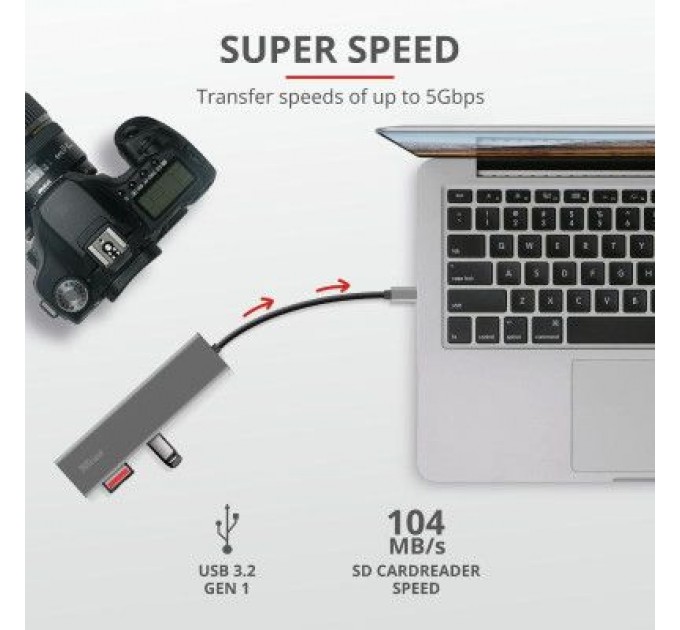 Trust Концентратор Trust HALYX FAST 3USB+CARD READER USB-C ALUMINIUM (24191_TRUST)