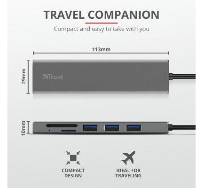 Trust Концентратор Trust HALYX FAST 3USB+CARD READER USB-C ALUMINIUM (24191_TRUST)