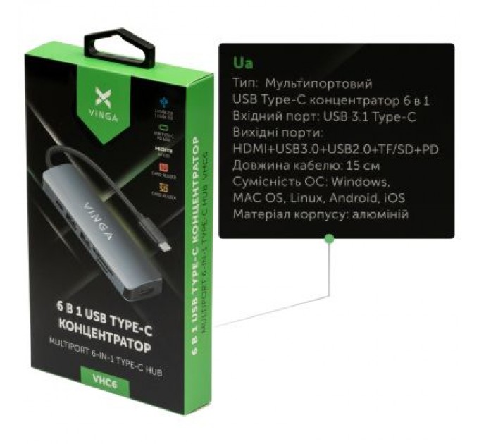 Vinga Концентратор Vinga USB Type-C 3.1 to HDMI+USB3.0+USB 2.0+SD/microSD+PD 6in1 (VHC6)