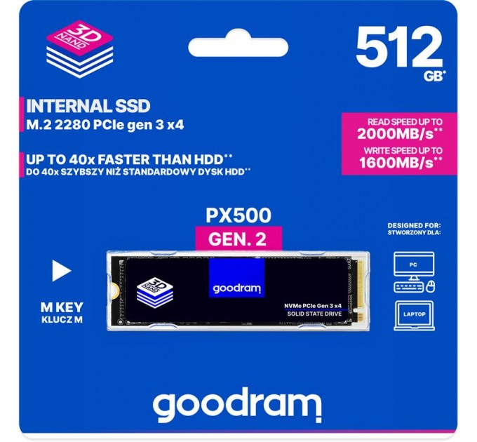 Goodram Накопичувач SSD 512GB Goodram PX500 M.2 2280 PCIe 3.0 x4 NVMe 3D TLC (SSDPR-PX500-512-80-G3)