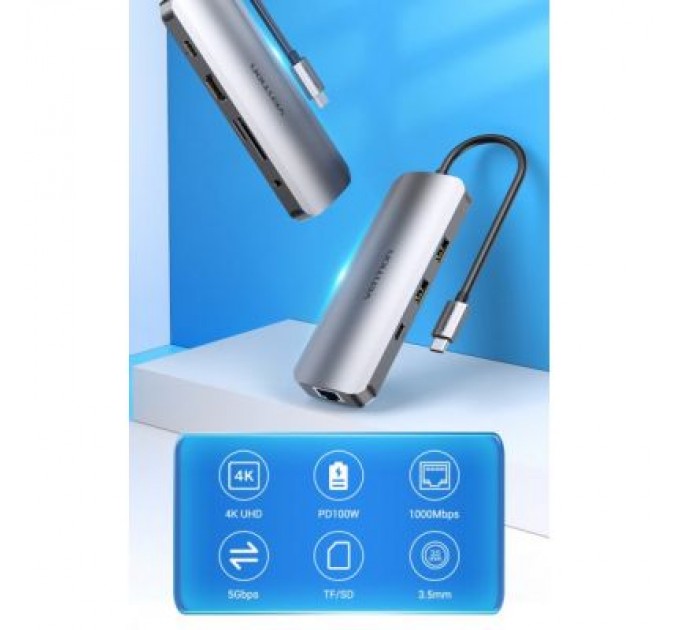 Vention Концентратор Vention USB3.1 Type-C --> HDMI/USB 3.0x2/RJ45/USB-C/SD/TF/TRRS 3.5mm (TOMHB)