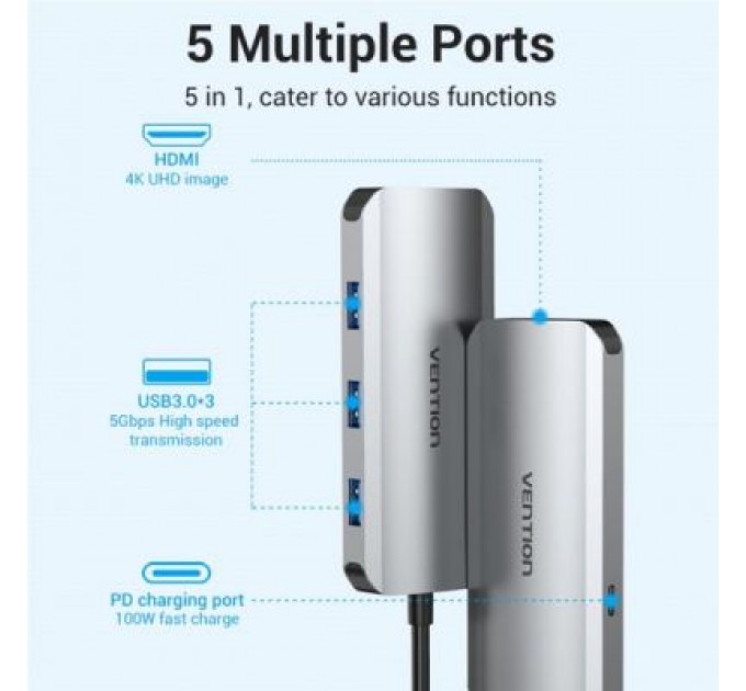 Vention Концентратор Vention USB3.1 Type-C --> HDMI/USB 3.0x3/PD 100W Hub 5-in-1 (TODHB)