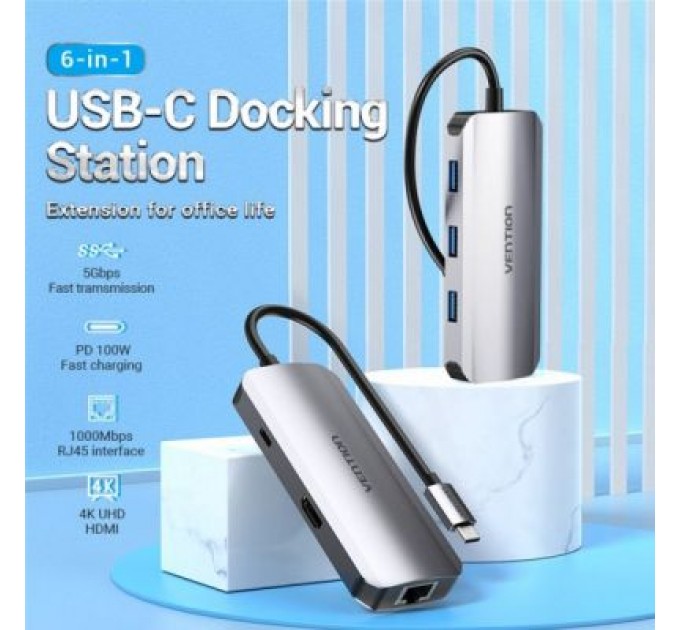 Vention Концентратор Vention USB3.1 Type-C --> HDMI/USB 3.0x3/RJ45/PD 100W Hub 6-in-1 (TOHHB)
