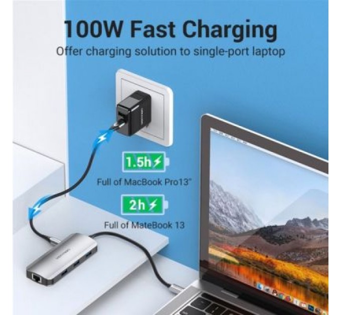 Vention Концентратор Vention USB3.1 Type-C --> HDMI/USB 3.0x3/RJ45/PD 100W Hub 6-in-1 (TOHHB)
