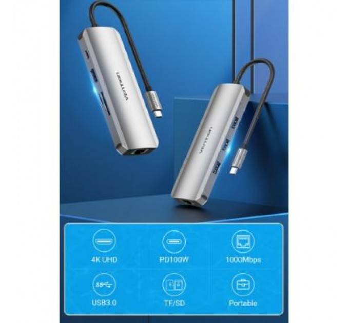 Vention Концентратор Vention USB3.1 Type-C --> HDMI/USB 3.0x3/RJ45/SD/TF/PD 100W Hub 8-in (TOKHB)