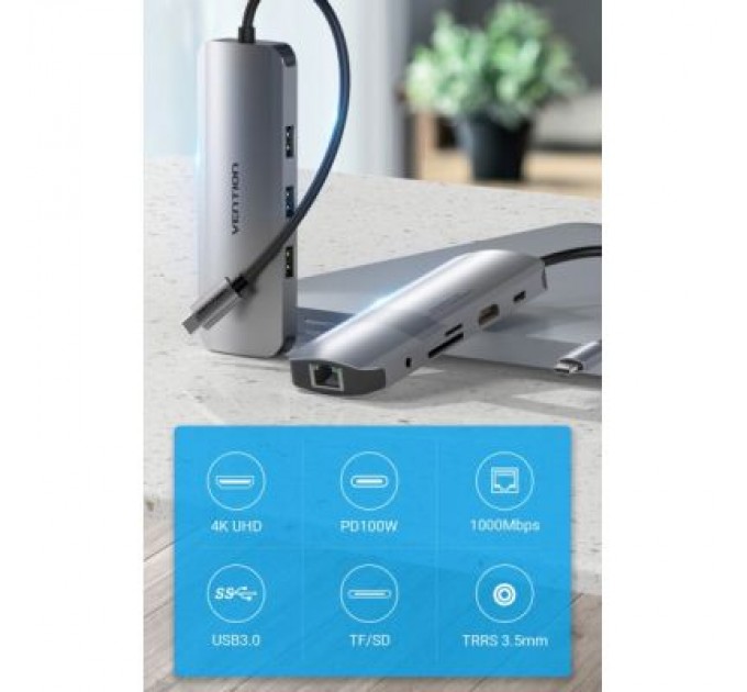 Vention Концентратор Vention USB3.1 Type-C --> HDMI/USB 3.0x3/RJ45/SD/TF/TRRS 3.5mm/PD 10 (TOLHB)