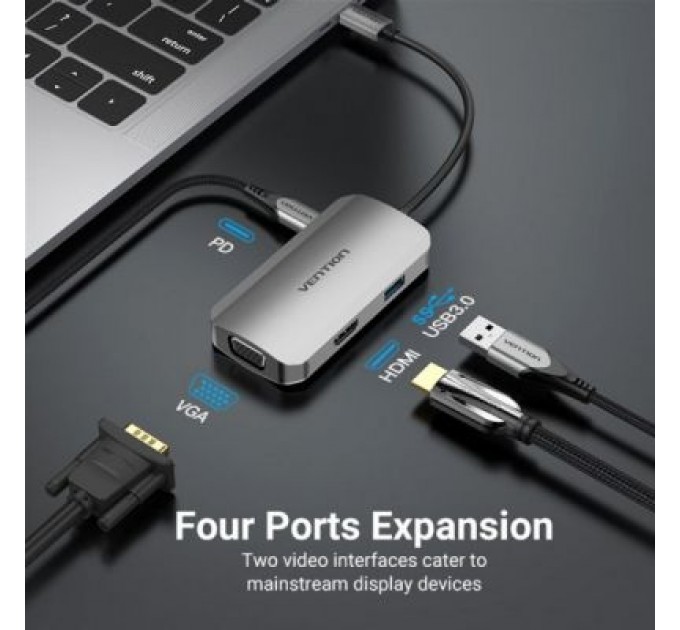 Vention Концентратор Vention USB3.1 Type-C --> HDMI/VGA/USB 3.0/PD 100W Hub 4-in-1 (TOAHB)