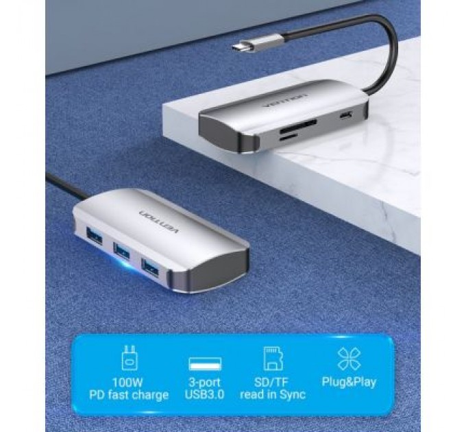Vention Концентратор Vention USB3.1 Type-C --> USB 3.0x3/SD/TF/PD 100W Hub 6-in-1 (TNHHB)
