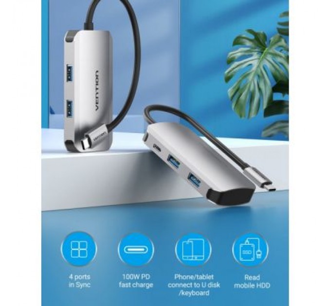 Vention Концентратор Vention USB3.1 Type-C --> USB 3.0x4/PD 100W Hub 5-in-1 (TNBHB)