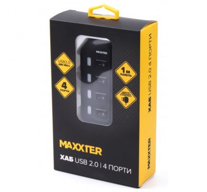 Maxxter Концентратор Maxxter 4 x USB 2.0 Type-A 1m cable + 5V1A adapter (HU2A-4P-AC-02)