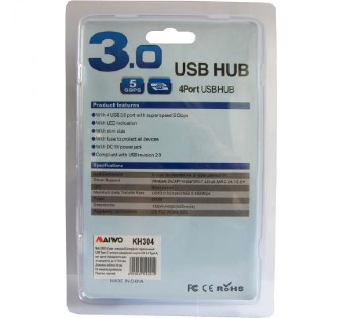 Maiwo Концентратор Maiwo USB 3.1 Type-C - 4 port USB 3.0 Type-А, cable 30 cm (KH304)