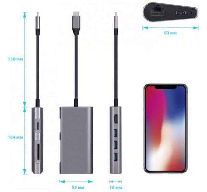 Dynamode Концентратор Dynamode USB3.1 Type-C to HDMI, 3хUSB3.0, RJ45, USB Type-C Female, SD (Dock-USB-TypeC-HDMI-USB3.0-RJ45)