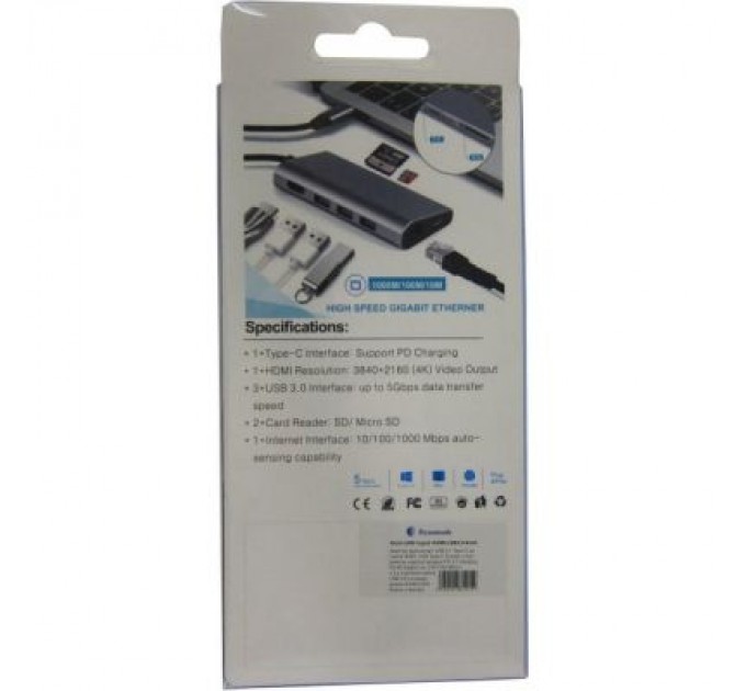 Dynamode Концентратор Dynamode USB3.1 Type-C to HDMI, 3хUSB3.0, RJ45, USB Type-C Female, SD (Dock-USB-TypeC-HDMI-USB3.0-RJ45)