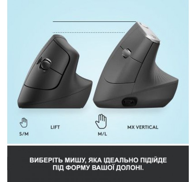 Logitech Мишка Logitech Lift Vertical Ergonomic Wireless/Bluetooth Graphite (910-006473)
