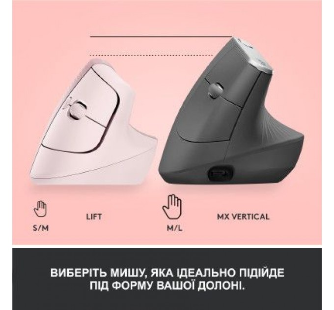 Logitech Мишка Logitech Lift Vertical Ergonomic Wireless/Bluetooth Rose (910-006478)