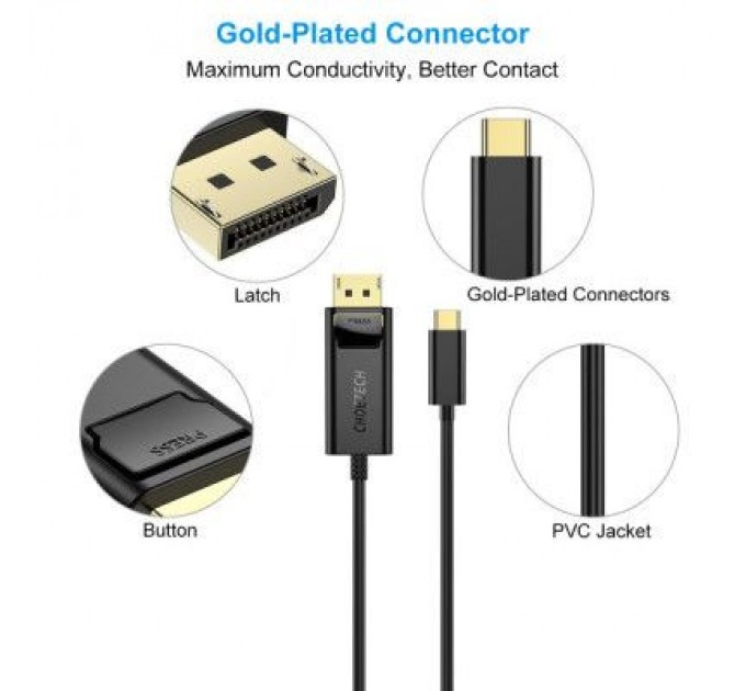 Choetech Кабель мультимедійний USB-C to DisplayPort 1.8m 4K 60Hz Choetech (XCP-1801BK)