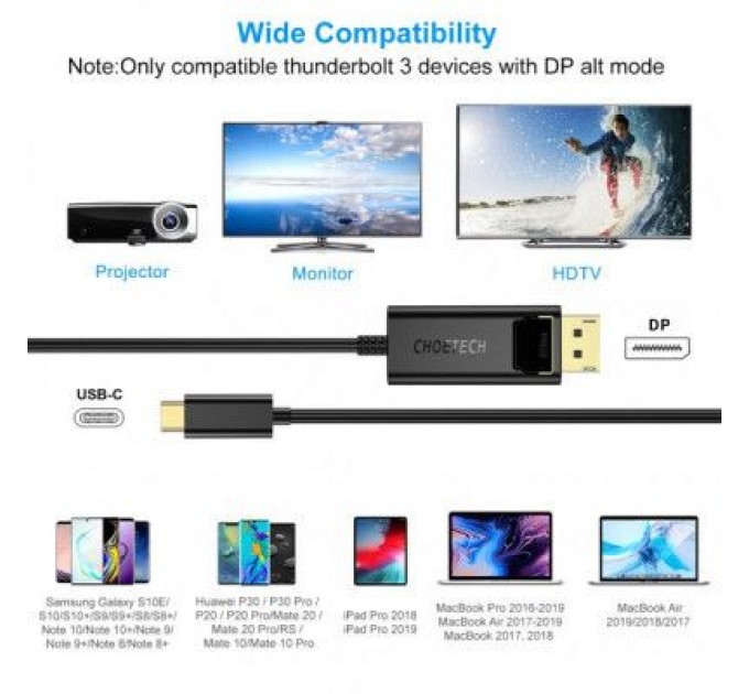 Choetech Кабель мультимедійний USB-C to DisplayPort 1.8m 4K 60Hz Choetech (XCP-1801BK)