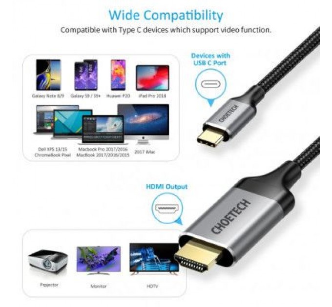 Choetech Кабель мультимедійний USB-C to HDMI 1.8m 4K 60Hz Choetech (CH0021-BK)