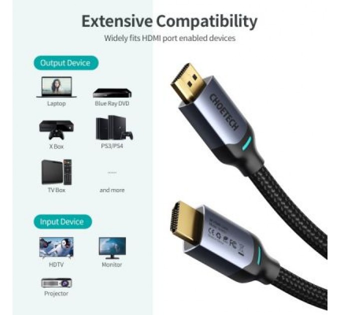 Choetech Кабель мультимедійний HDMI to HDMI 2.0m V.2.1 8K 60Hz HDR10 HLG 48Gbps YUV 444 Choetech (XHH01-BK)