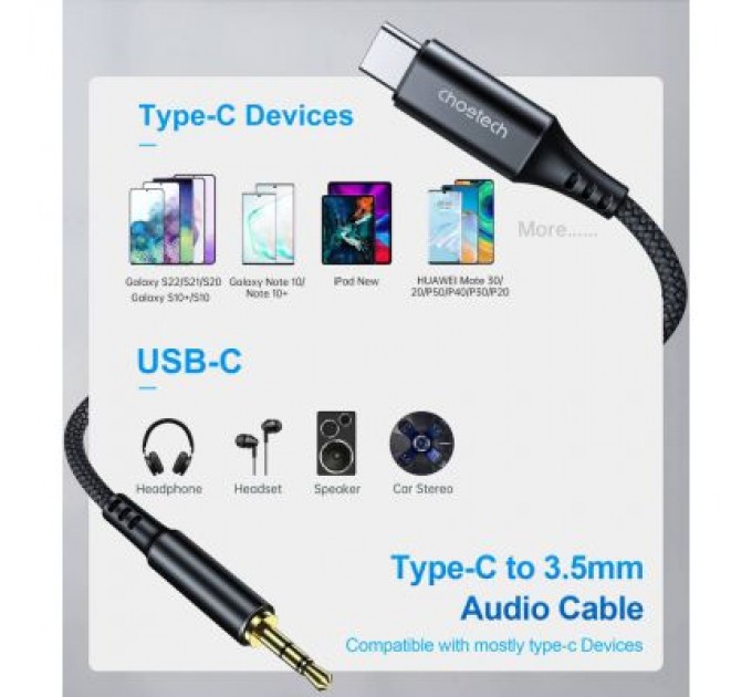 Choetech Кабель мультимедійний AUX USB-C to TRS Audio 3.5mm M/M DAC Chip 96kHz 1.0m black Choetech (AUX006)