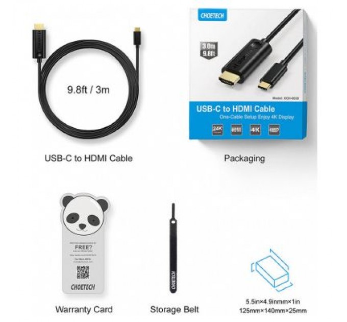 Choetech Кабель мультимедійний USB-C to HDMI 3.0m USB 3.1 Thunderbolt 3 Choetech (XCH-0030)