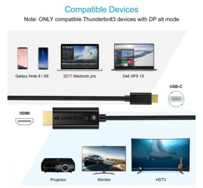 Choetech Кабель мультимедійний USB-C to HDMI 3.0m USB 3.1 Thunderbolt 3 Choetech (XCH-0030)