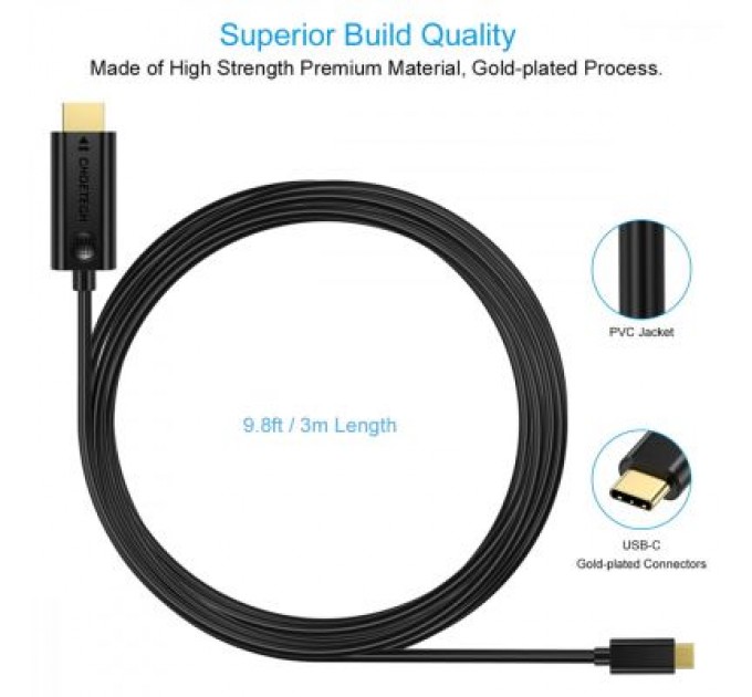Choetech Кабель мультимедійний USB-C to HDMI 3.0m USB 3.1 Thunderbolt 3 Choetech (XCH-0030)