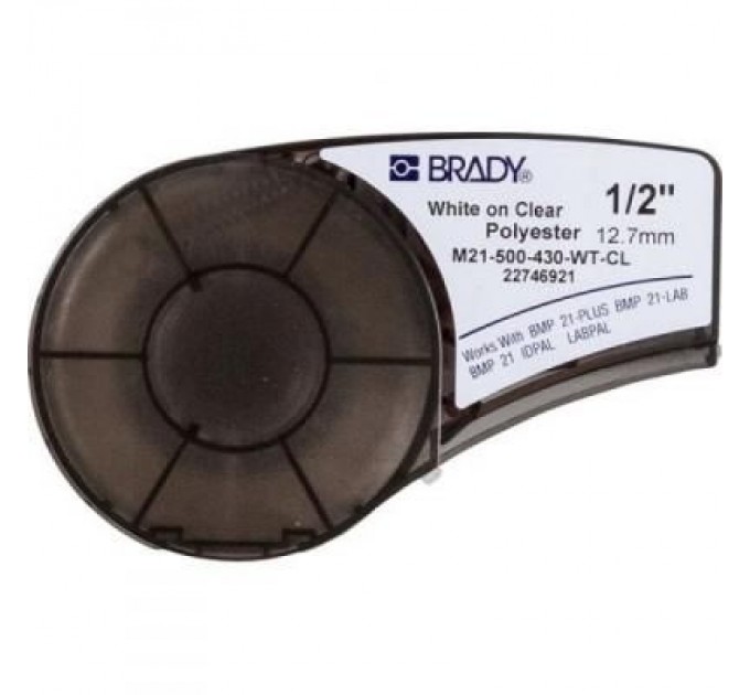Brady Стрічка для принтера етикеток Brady поліестер, 12.7mm/6.4m. білий на прозорому (M21-500-430-WT-CL)