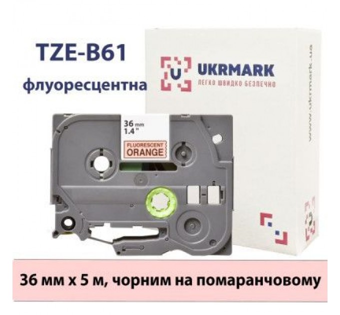 UKRMARK Стрічка для принтера етикеток UKRMARK B-Fc-TB61P-BK/OR, аналог TZeB61, флуорисцентна, 36мм х 8м, black on orange (900539)
