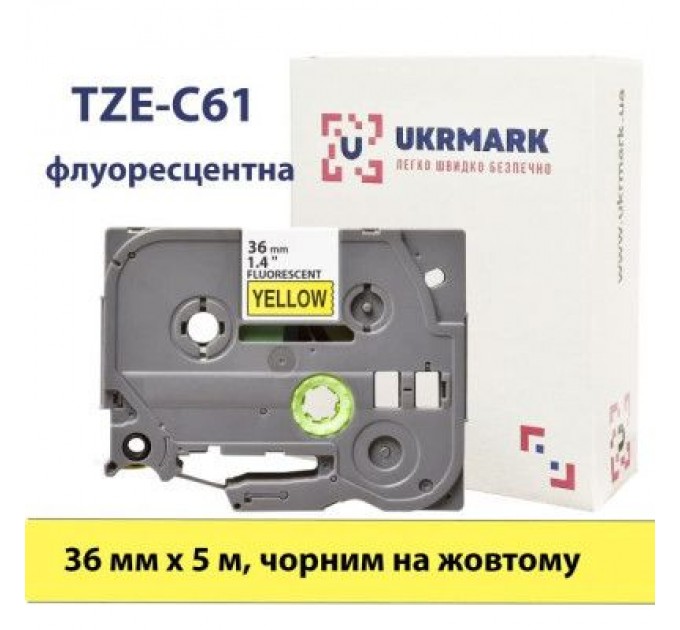 UKRMARK Стрічка для принтера етикеток UKRMARK B-Fc-TC61P-BK/YE, аналог TZeC61, флуорисцентна, 36 мм х 8 м, black on yellow (900786)