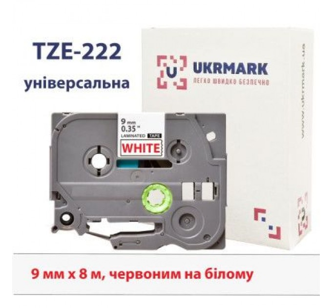 UKRMARK Стрічка для принтера етикеток UKRMARK B-T222P, ламінована, 9мм х 8м, red on white, аналог TZe222 (900553)