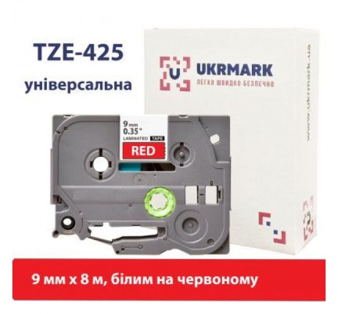 UKRMARK Стрічка для принтера етикеток UKRMARK B-T425P, ламінована, 9мм х 8м, white on red, аналог TZe425 (900555)