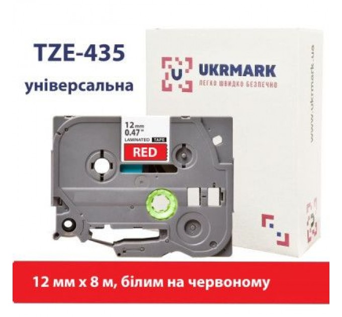 UKRMARK Стрічка для принтера етикеток UKRMARK B-T435P, ламінована, 12мм х 8м, white on red, аналог TZe435 (900784)