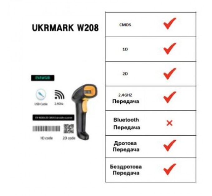 UKRMARK Сканер штрих-коду UKRMARK EV-W208 2D, wireless, USB (900564)