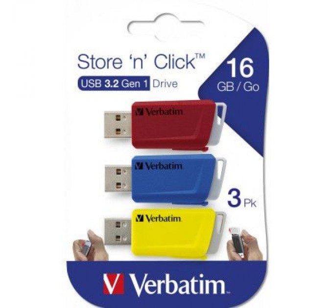 Verbatim USB флеш накопичувач Verbatim 3x16GB Store 'n' Click Red/Blue/Yellow USB 3.2 (49306)