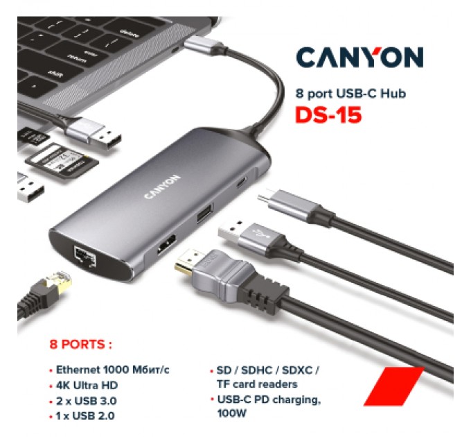 Canyon Порт-реплікатор Canyon 8-in-1 USB-C (CNS-TDS15)