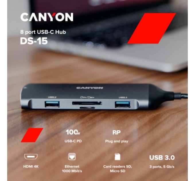 Canyon Порт-реплікатор Canyon 8-in-1 USB-C (CNS-TDS15)